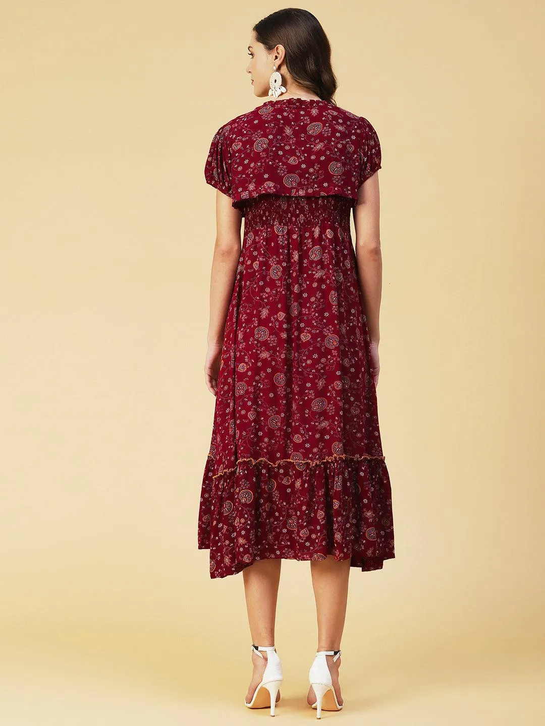 Floral Printed Smocked Dress With Bolero Shrug - Maroon