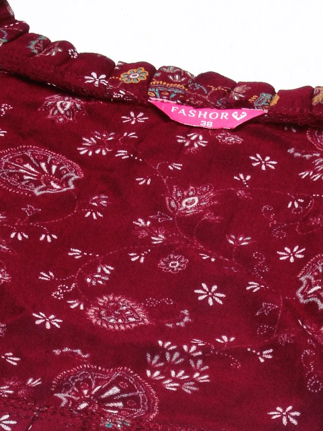 Floral Printed Smocked Dress With Bolero Shrug - Maroon