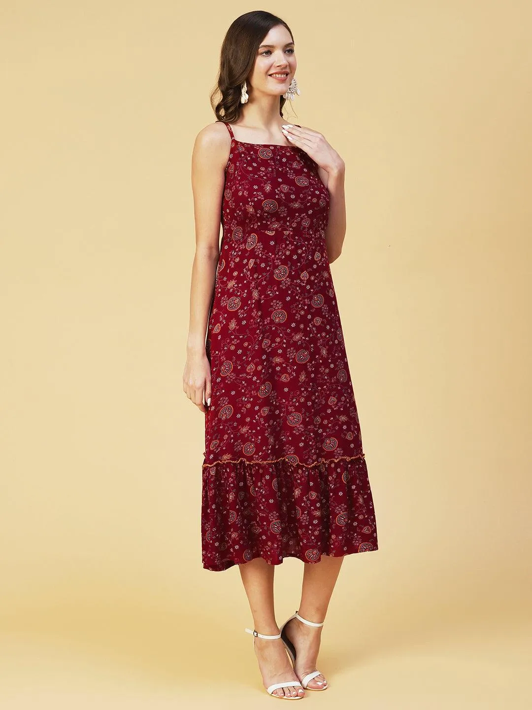 Floral Printed Smocked Dress With Bolero Shrug - Maroon