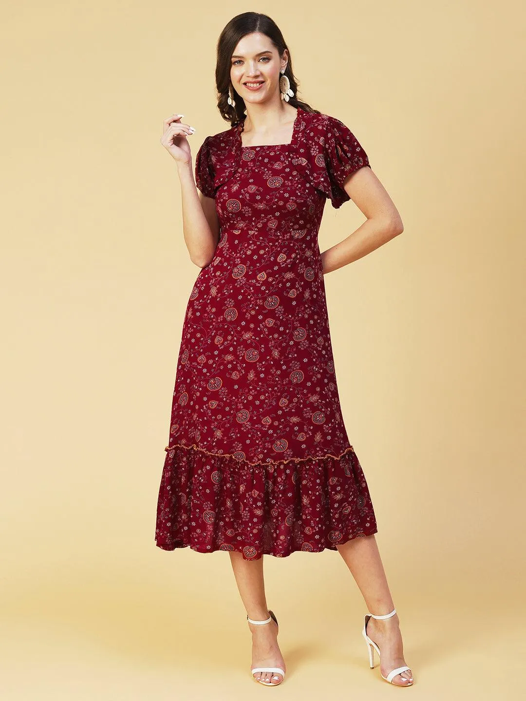 Floral Printed Smocked Dress With Bolero Shrug - Maroon