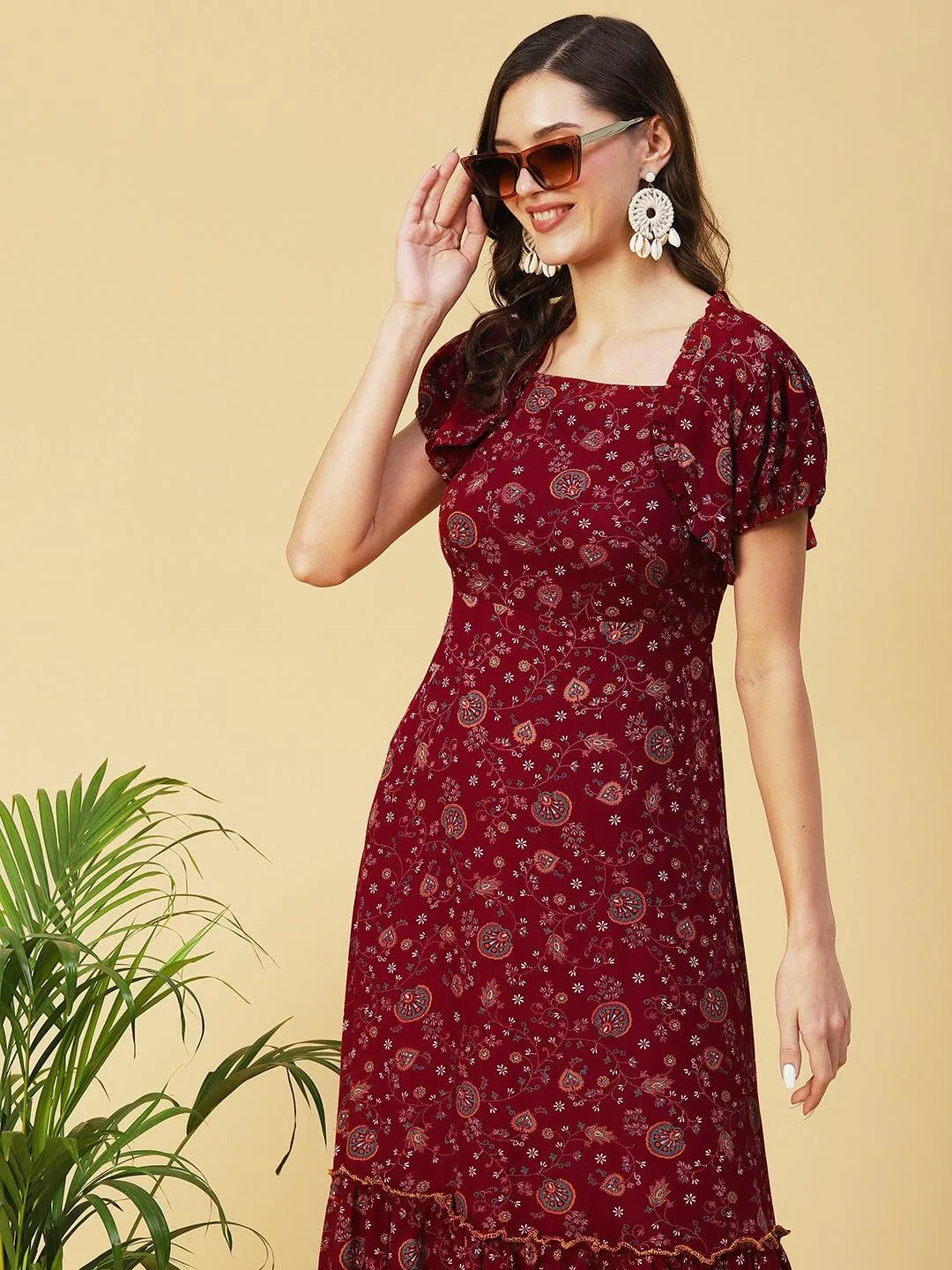 Floral Printed Smocked Dress With Bolero Shrug - Maroon