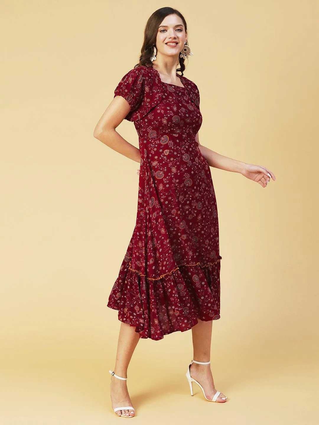 Floral Printed Smocked Dress With Bolero Shrug - Maroon