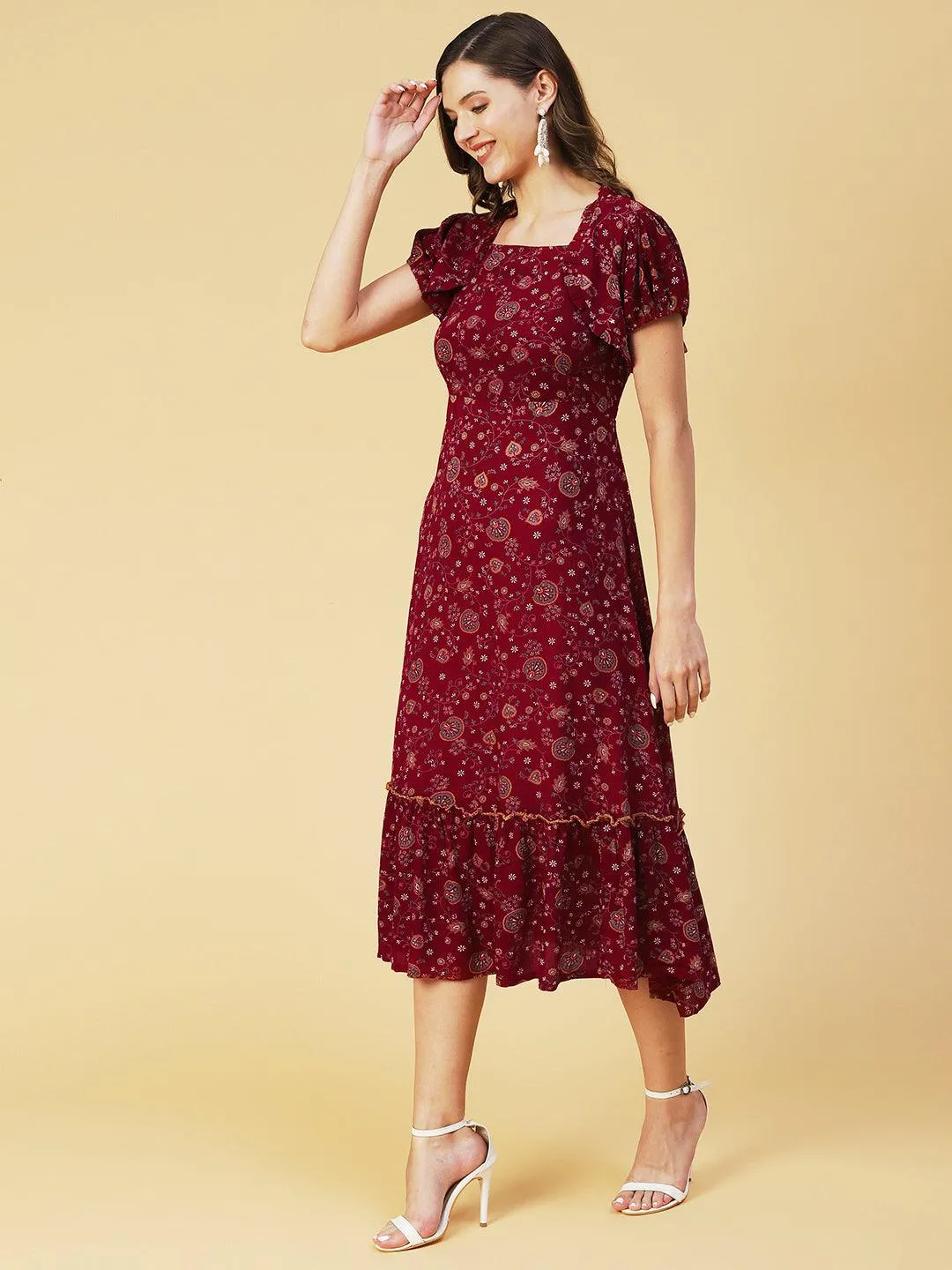 Floral Printed Smocked Dress With Bolero Shrug - Maroon