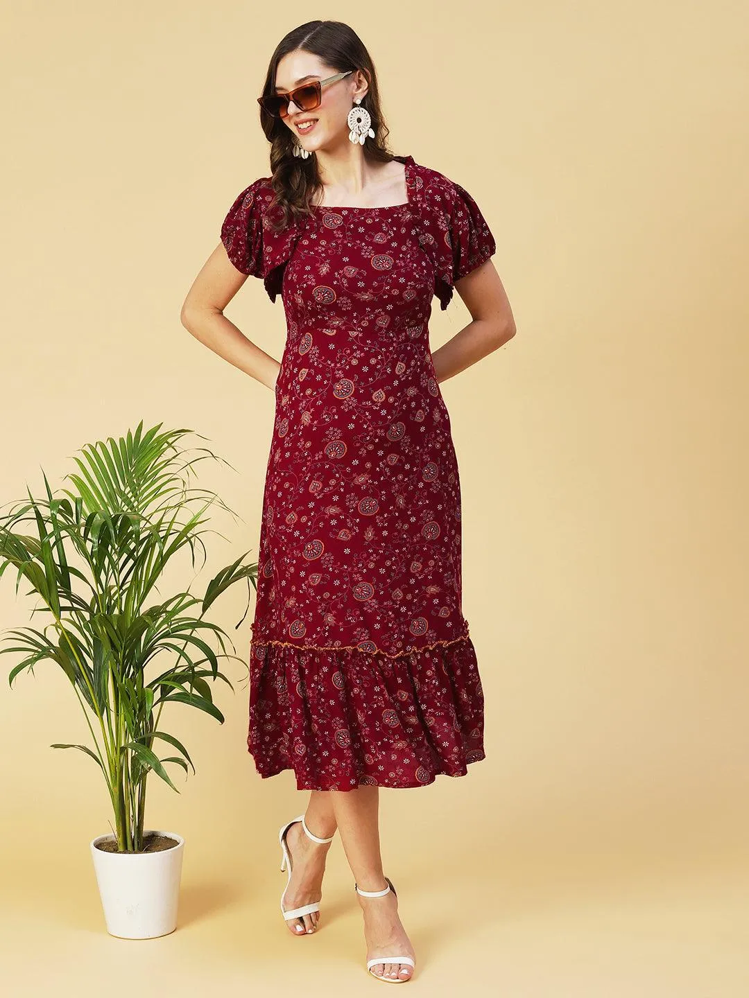 Floral Printed Smocked Dress With Bolero Shrug - Maroon