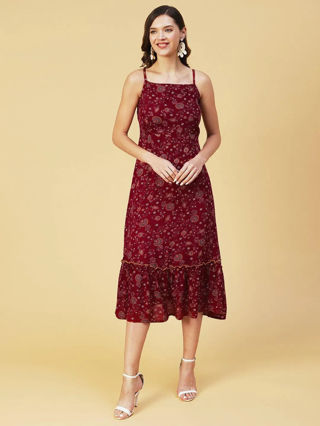 Floral Printed Smocked Dress With Bolero Shrug - Maroon