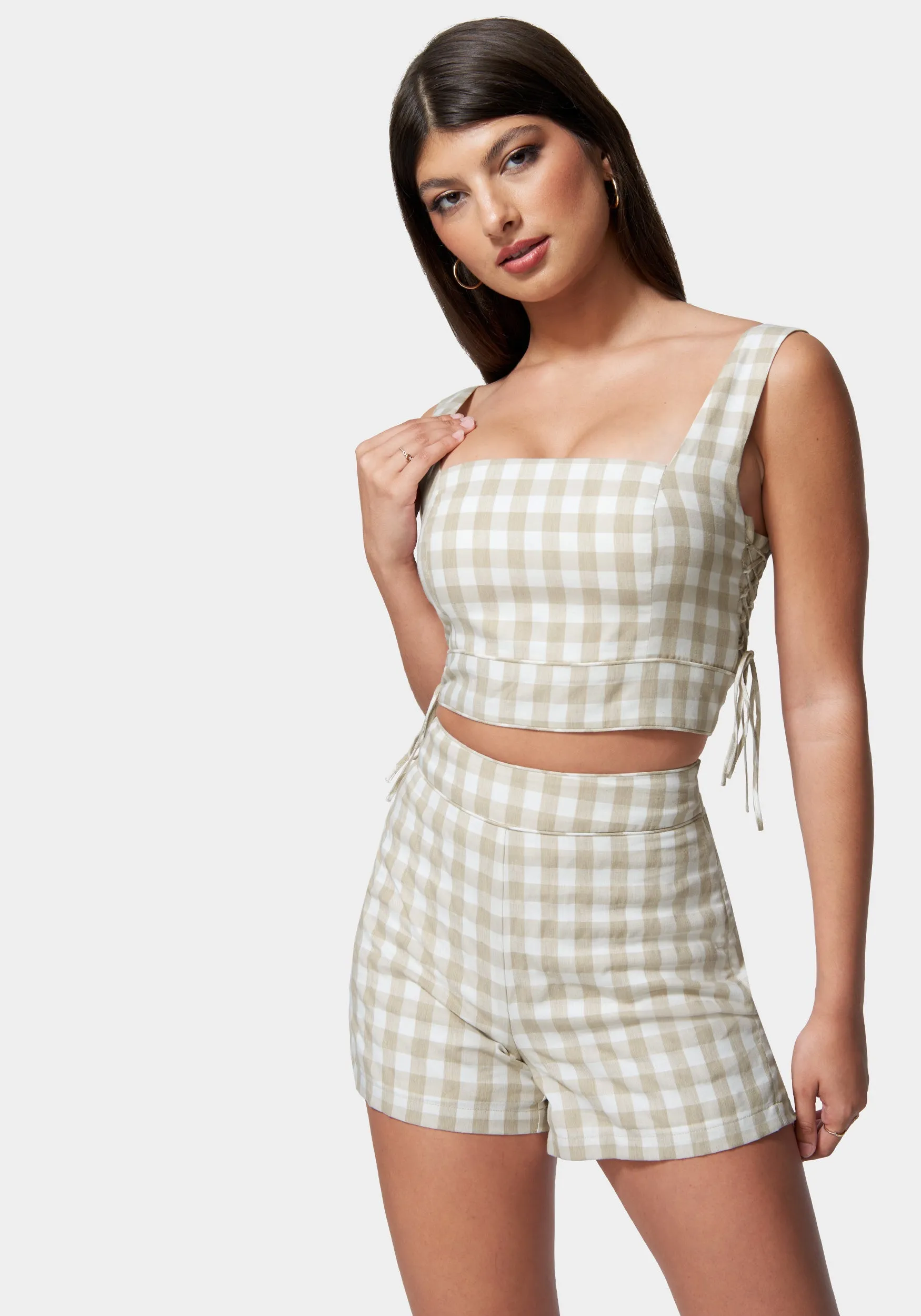 Gingham Cropped Lace Up Detail Top