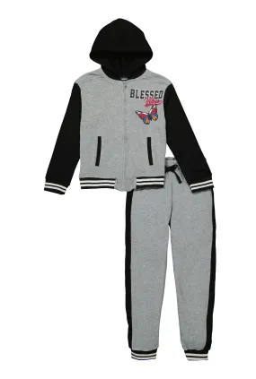 Girls Blessed Butterfly Hooded Varsity Jacket and Joggers