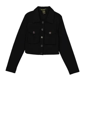 Girls Button Front Pocket Detail Cropped Jacket