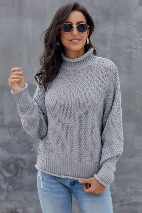 Gray Chunky Batwing Long Sleeve Turtleneck Sweater