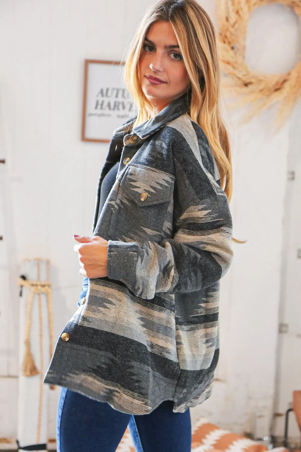 Grey & Black Aztec Flannel Oversize Shacket