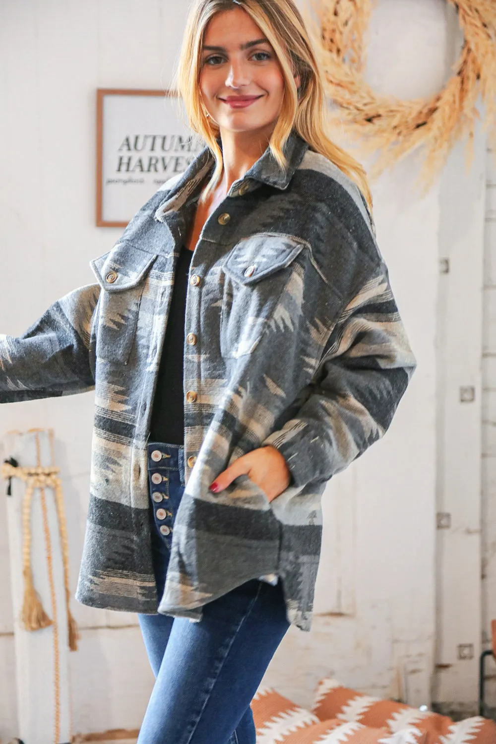 Grey & Black Aztec Flannel Oversize Shacket