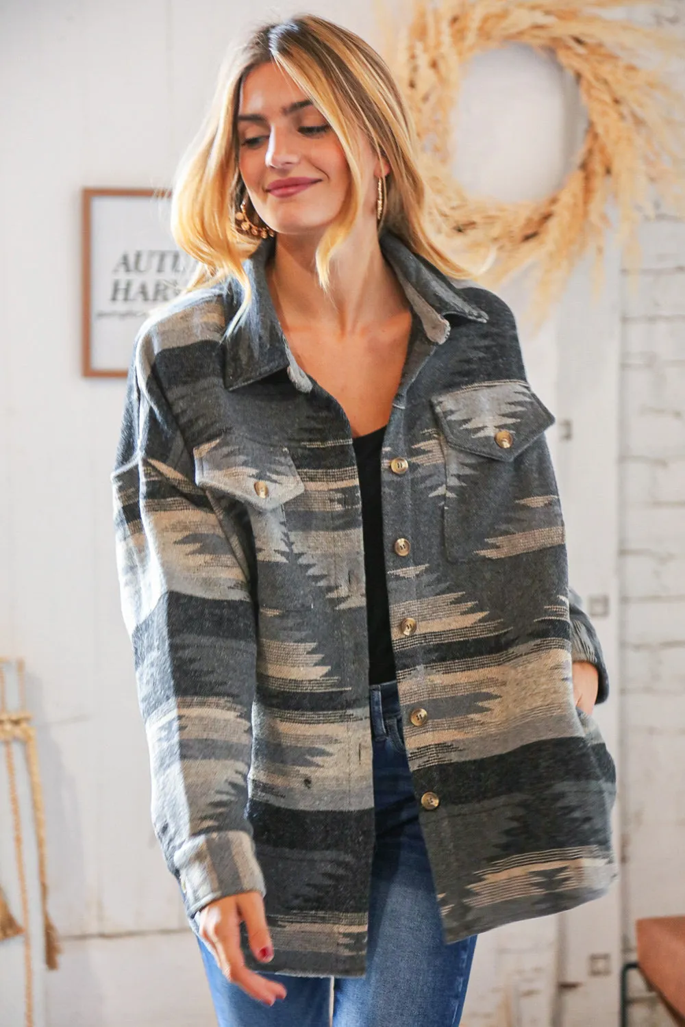 Grey & Black Aztec Flannel Oversize Shacket