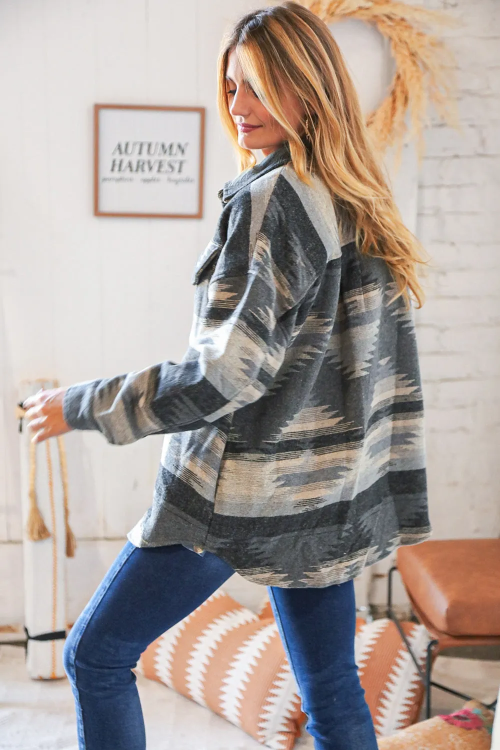 Grey & Black Aztec Flannel Oversize Shacket