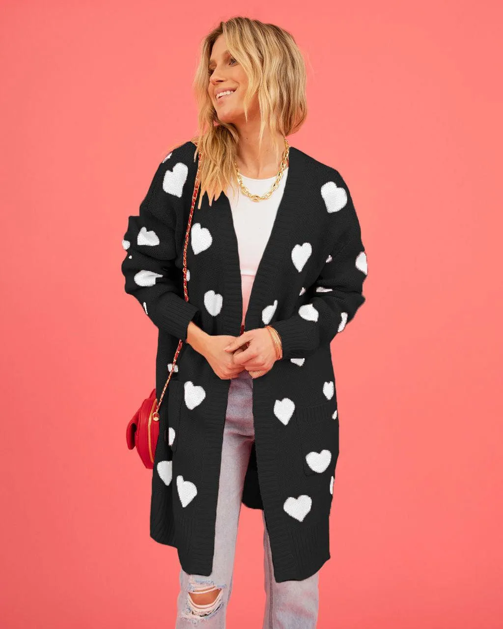 Heart Knitted Cardigan Love Pocket V-neck Mid-length Coat