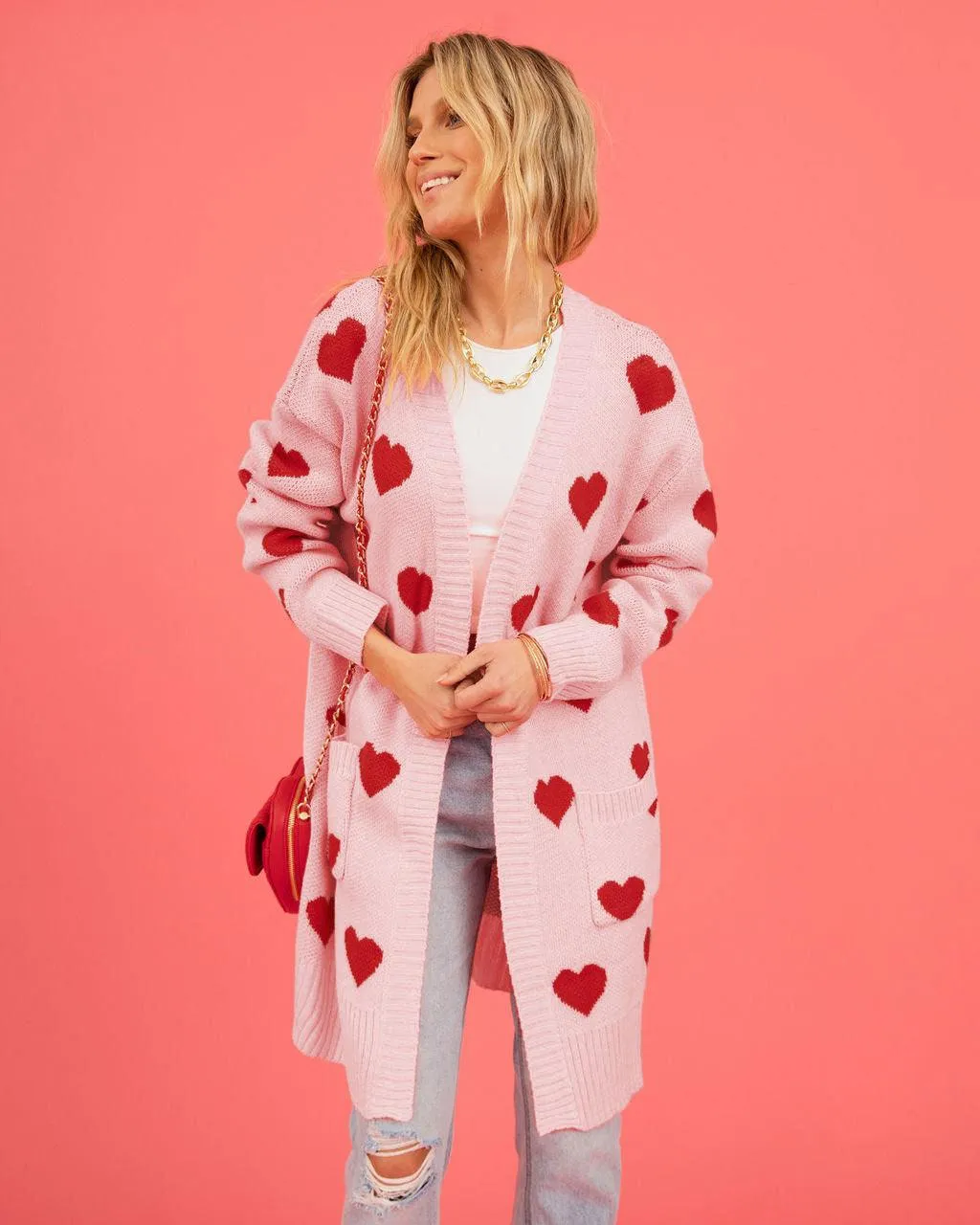 Heart Knitted Cardigan Love Pocket V-neck Mid-length Coat