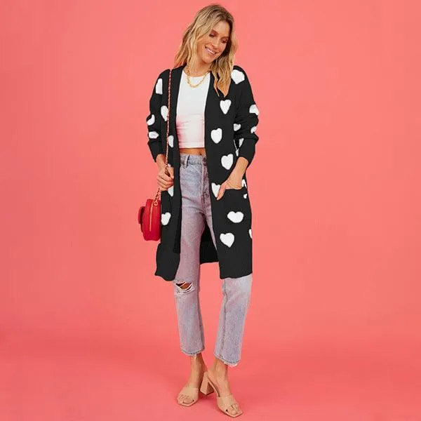 Heart Knitted Cardigan Love Pocket V-neck Mid-length Coat