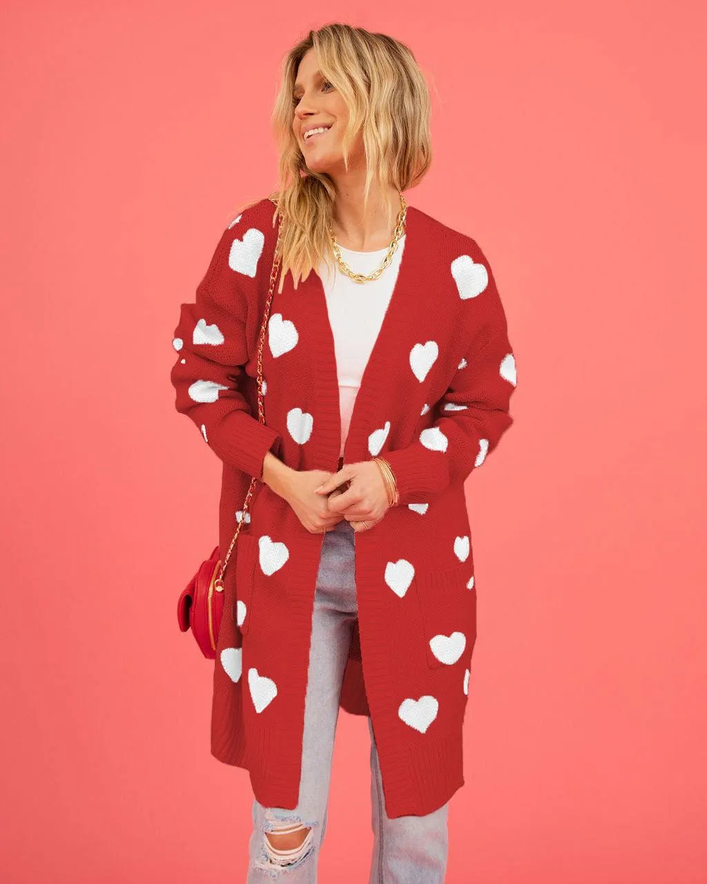 Heart Knitted Cardigan Love Pocket V-neck Mid-length Coat