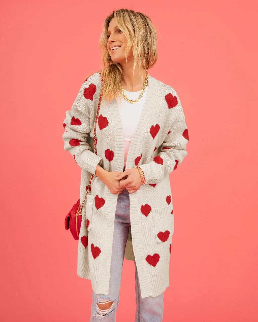 Heart Knitted Cardigan Love Pocket V-neck Mid-length Coat