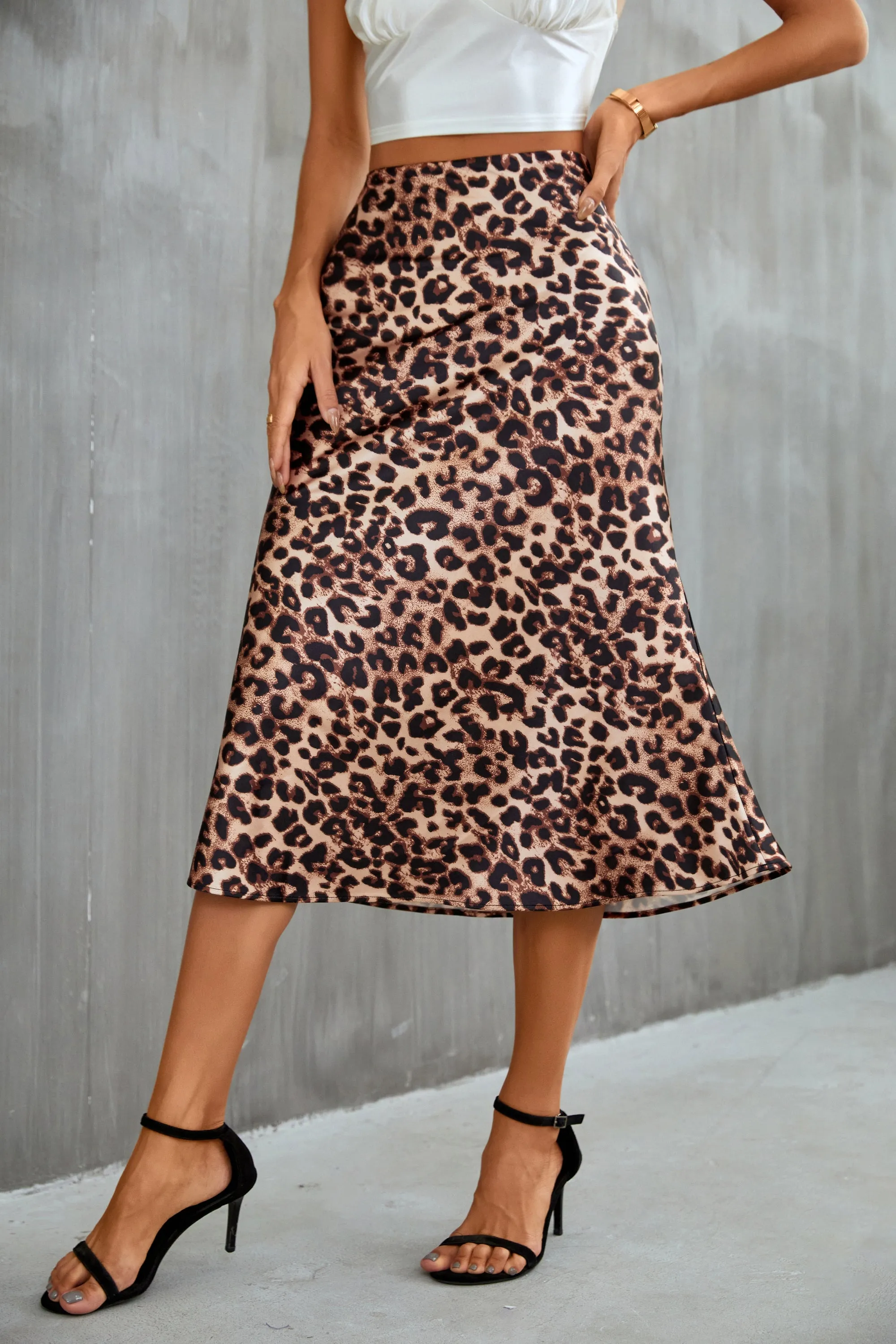 High Waist Silky Satin Fishtail Midi Skirt Leopard