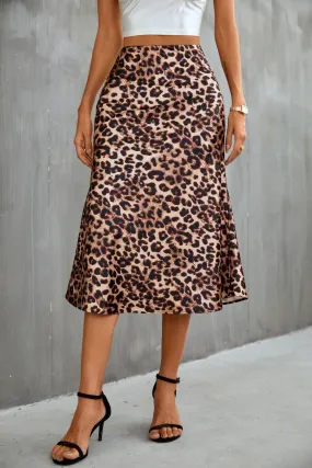 High Waist Silky Satin Fishtail Midi Skirt Leopard