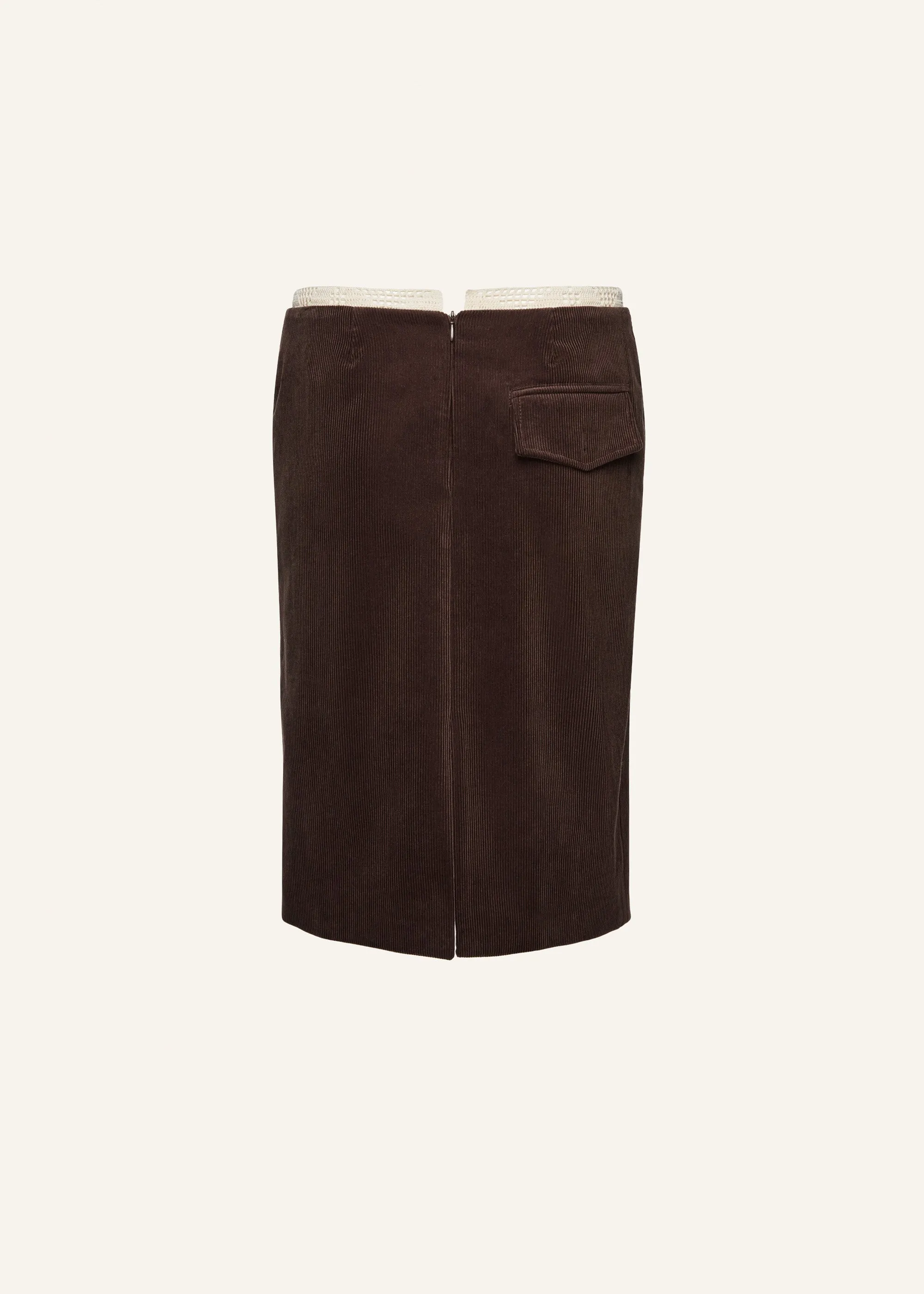 Lace-waist midi skirt in brown corduroy