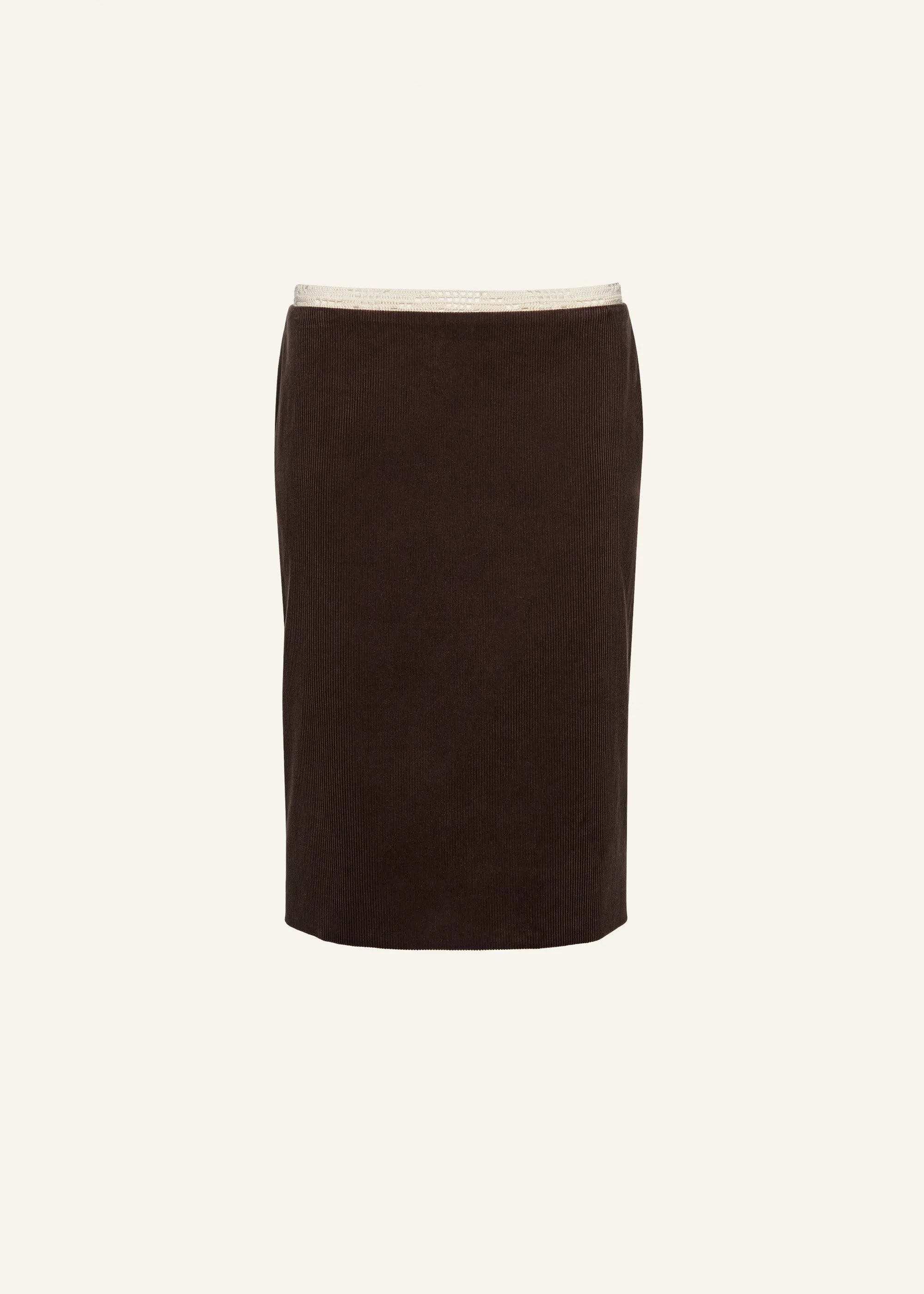 Lace-waist midi skirt in brown corduroy