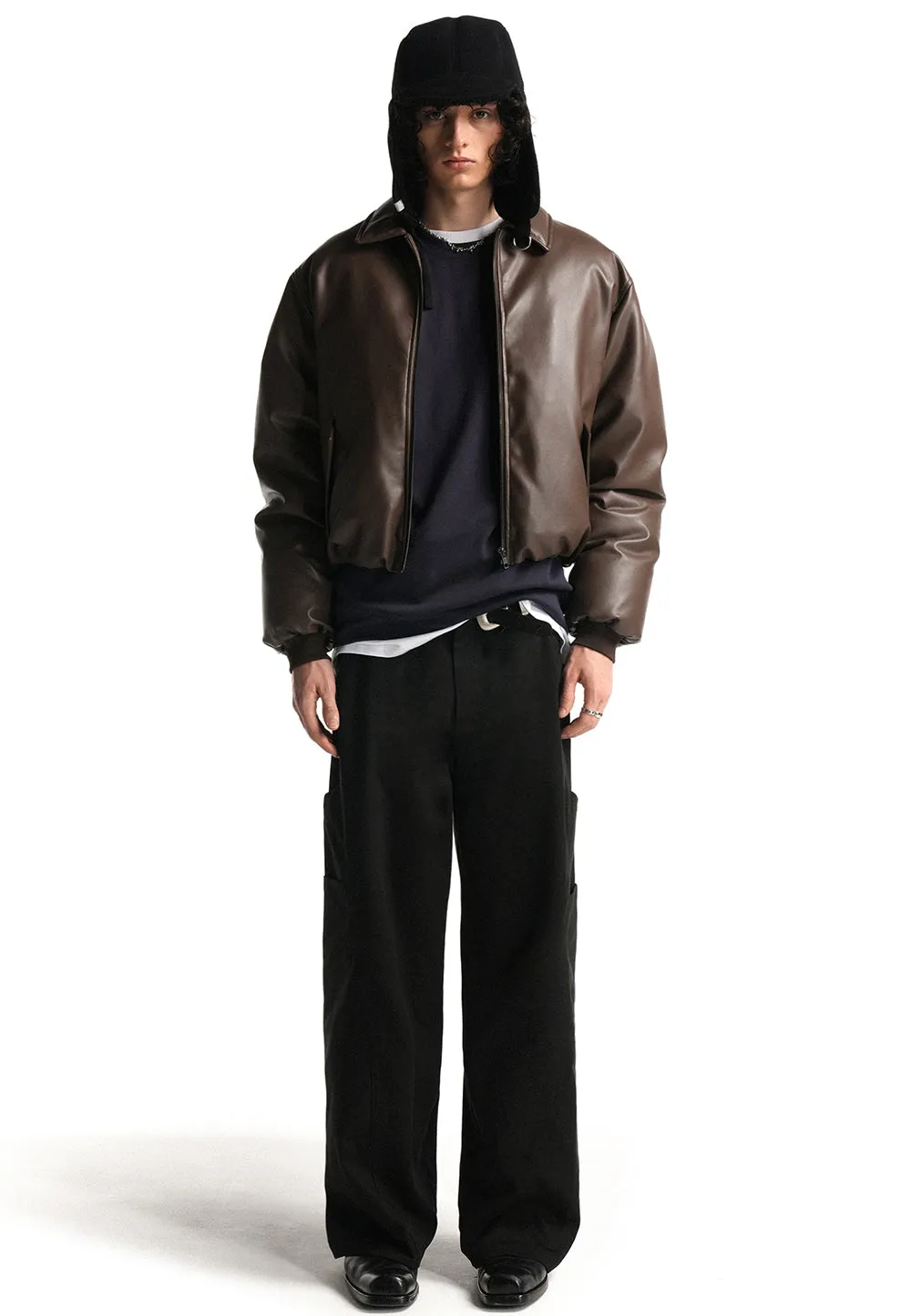 Leather padding bomber jacket brown