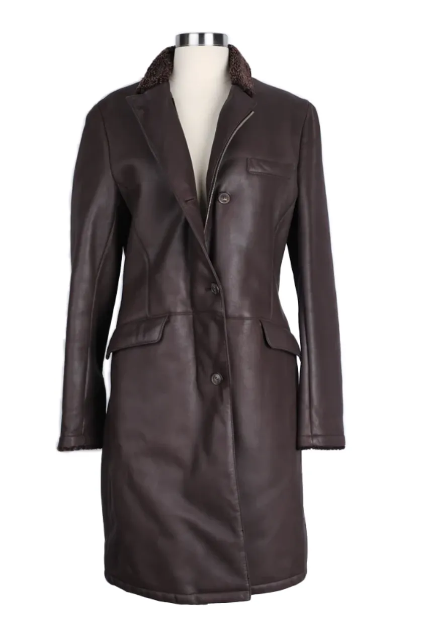 Leather Shearling Lined Overcoat-Brown