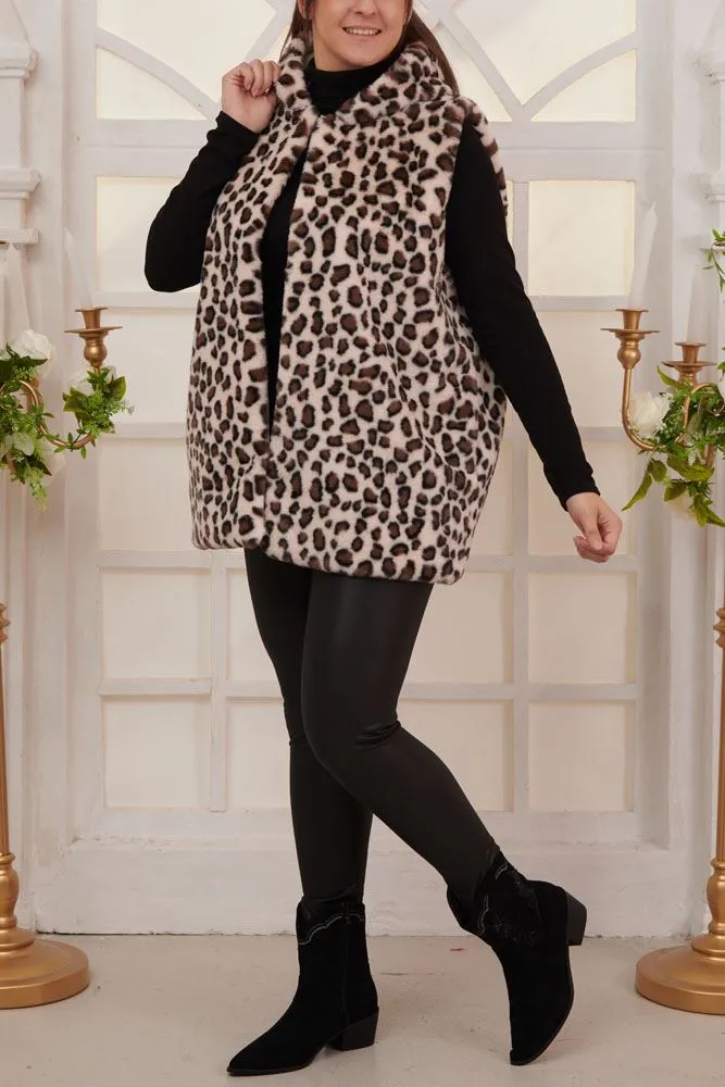 Leopard Print Soft Feel Fux Fur Hooded Gilet