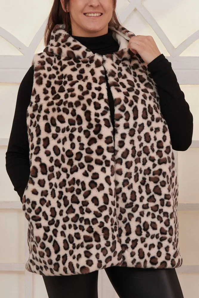 Leopard Print Soft Feel Fux Fur Hooded Gilet