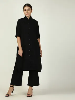 Linen Solid Long Shirt with Wide Leg Pant Co-ord Set