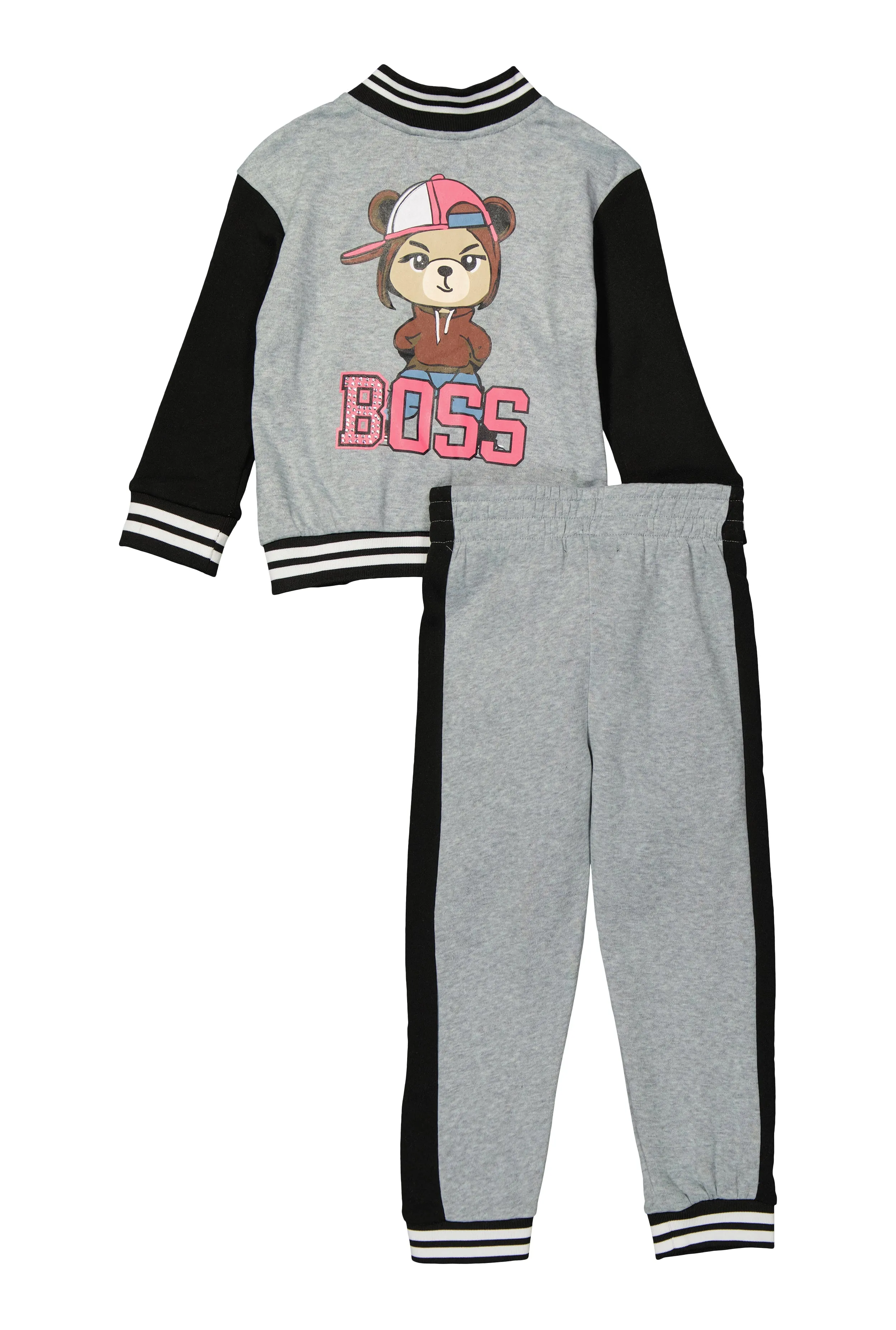 Little Girls Boss Bear Rhinestone Detail Varsity Jacket and Joggers