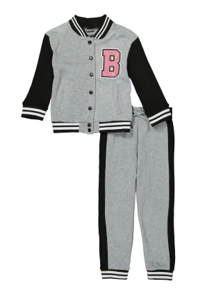 Little Girls Boss Bear Rhinestone Detail Varsity Jacket and Joggers