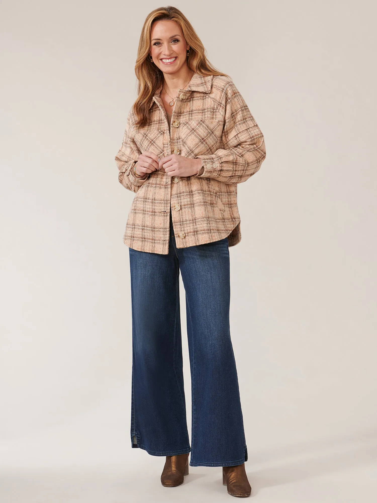 Long Blouson Raglan Sleeve Button Front Plaid Jacket