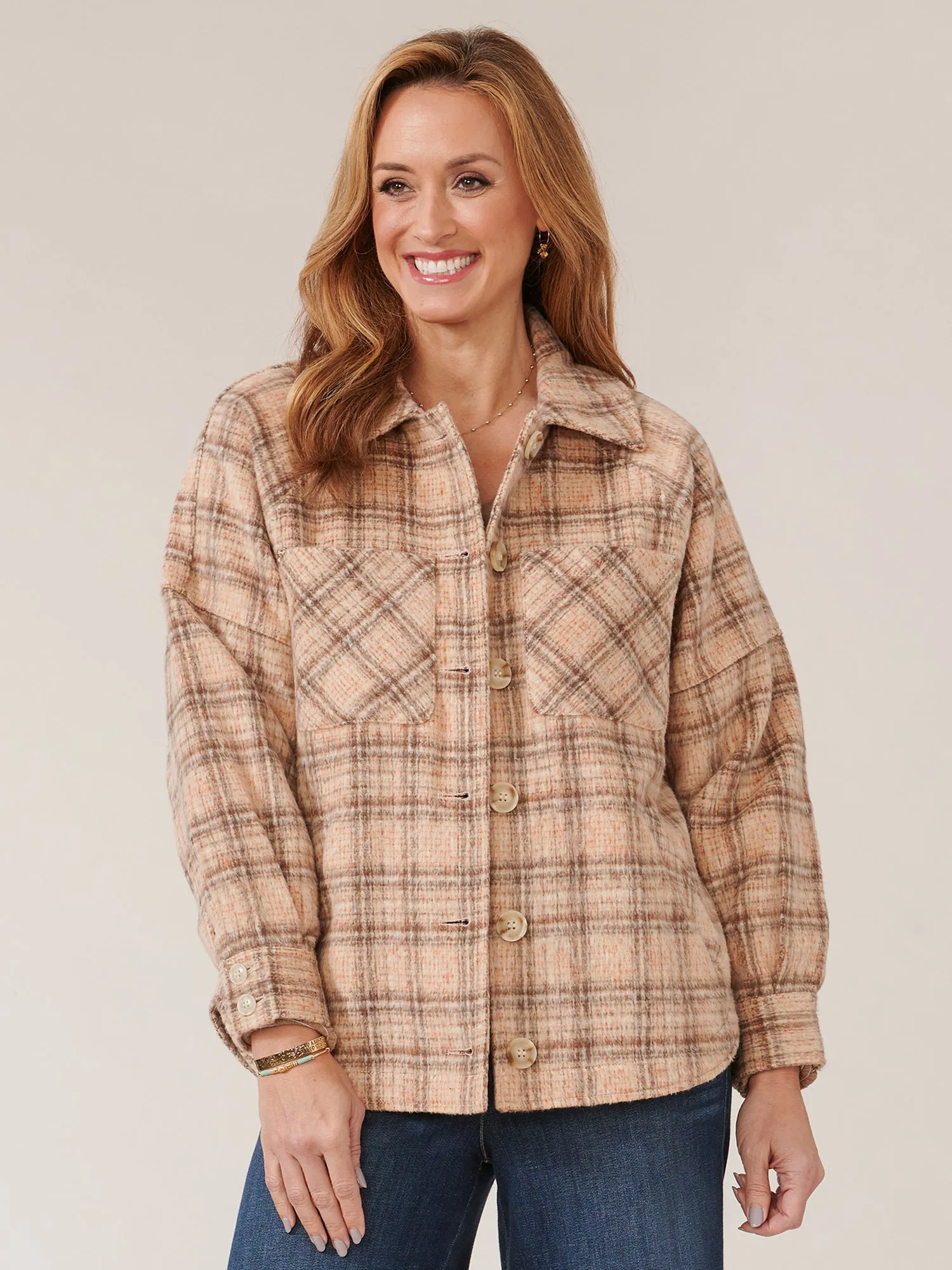 Long Blouson Raglan Sleeve Button Front Plaid Jacket