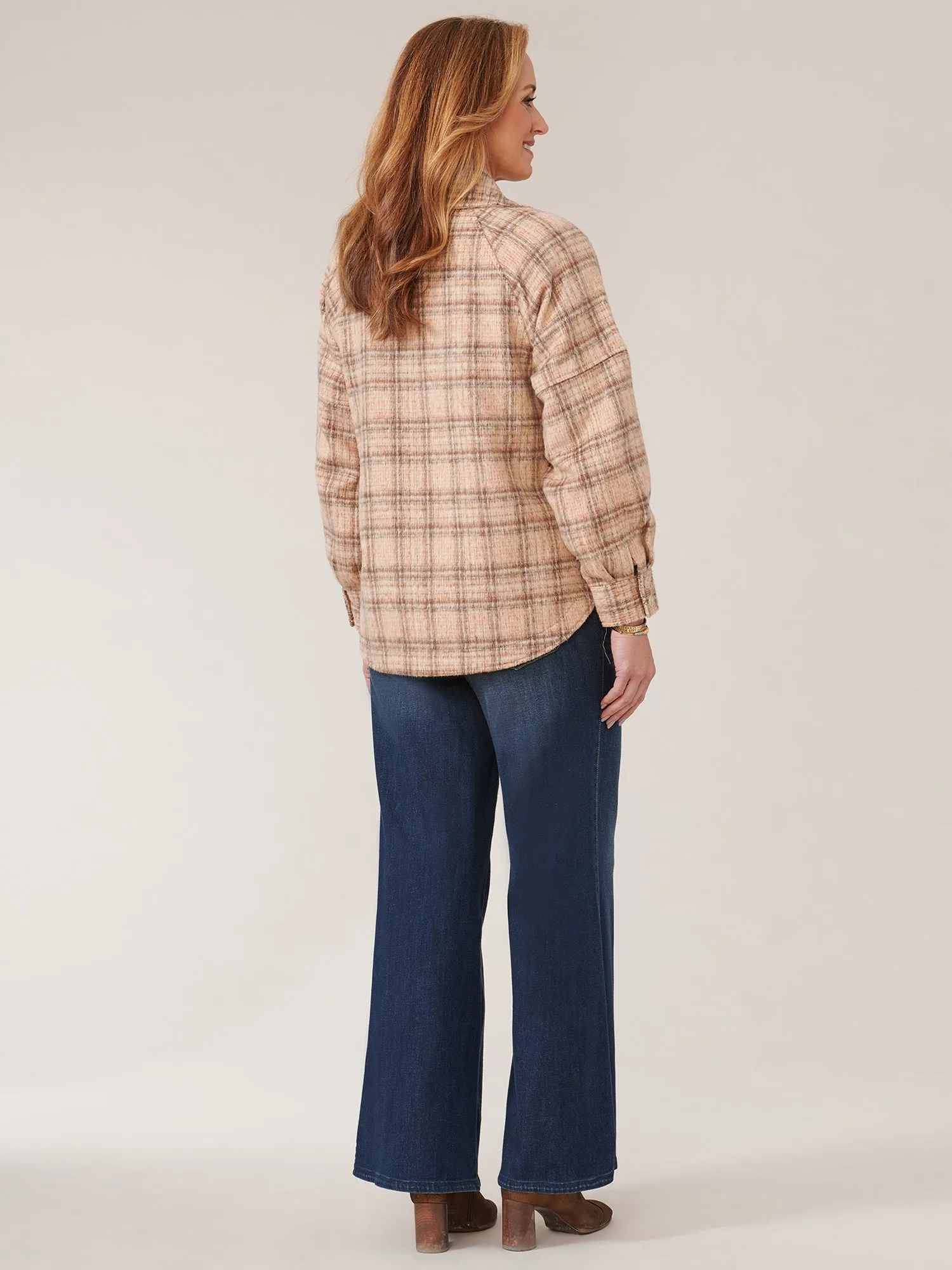 Long Blouson Raglan Sleeve Button Front Plaid Jacket