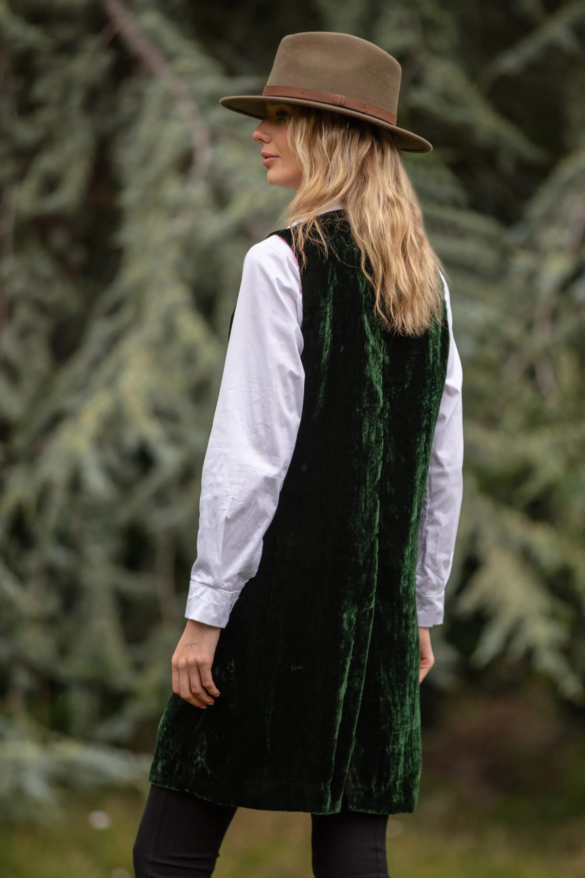 Long Silk Velvet Waistcoat In Forest Green