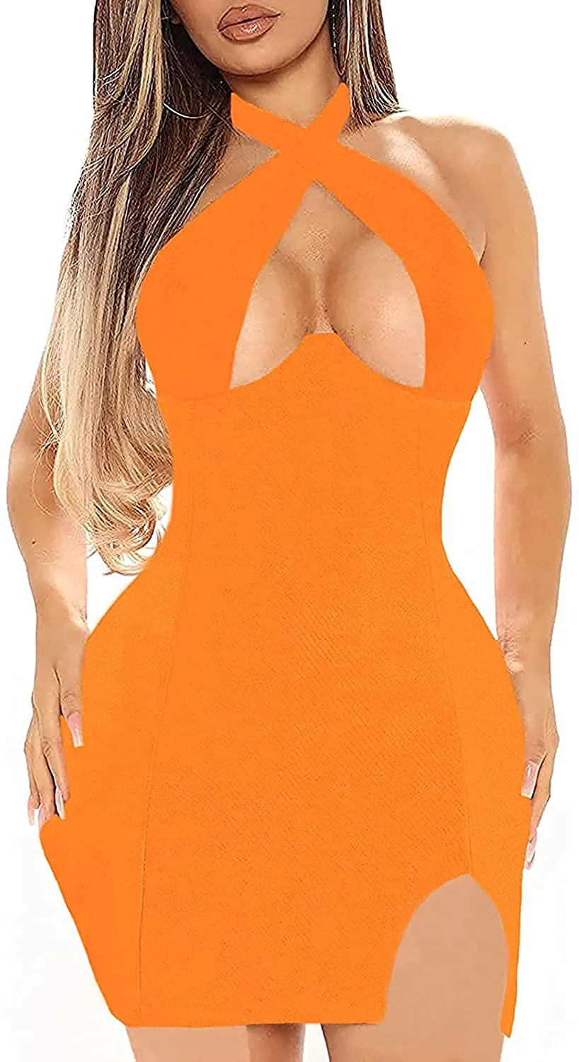 LYANER Women's Cut Out Halter Wrap Sexy Bodycon Party Sleeveless Tank Mini Dress