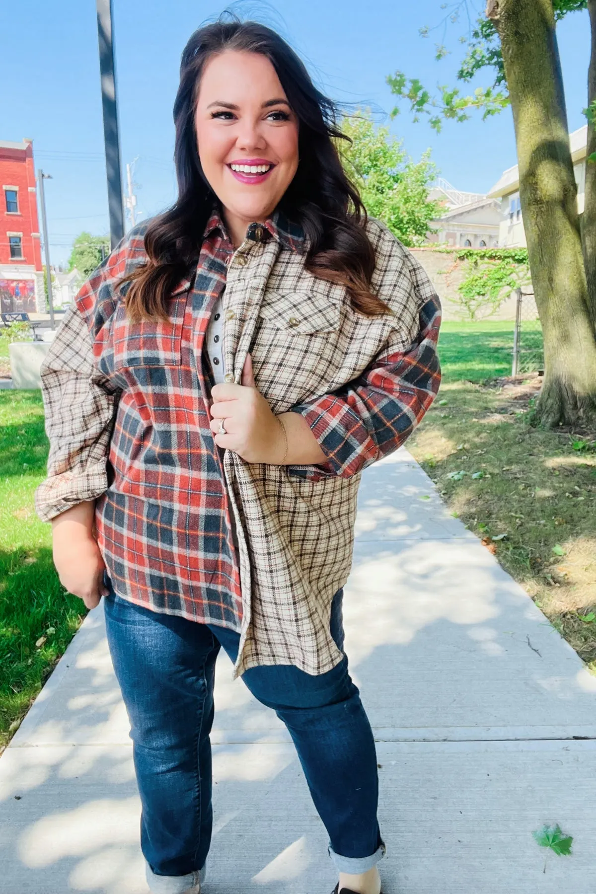 Make A Statement Rust & Taupe Plaid Color Block Shacket