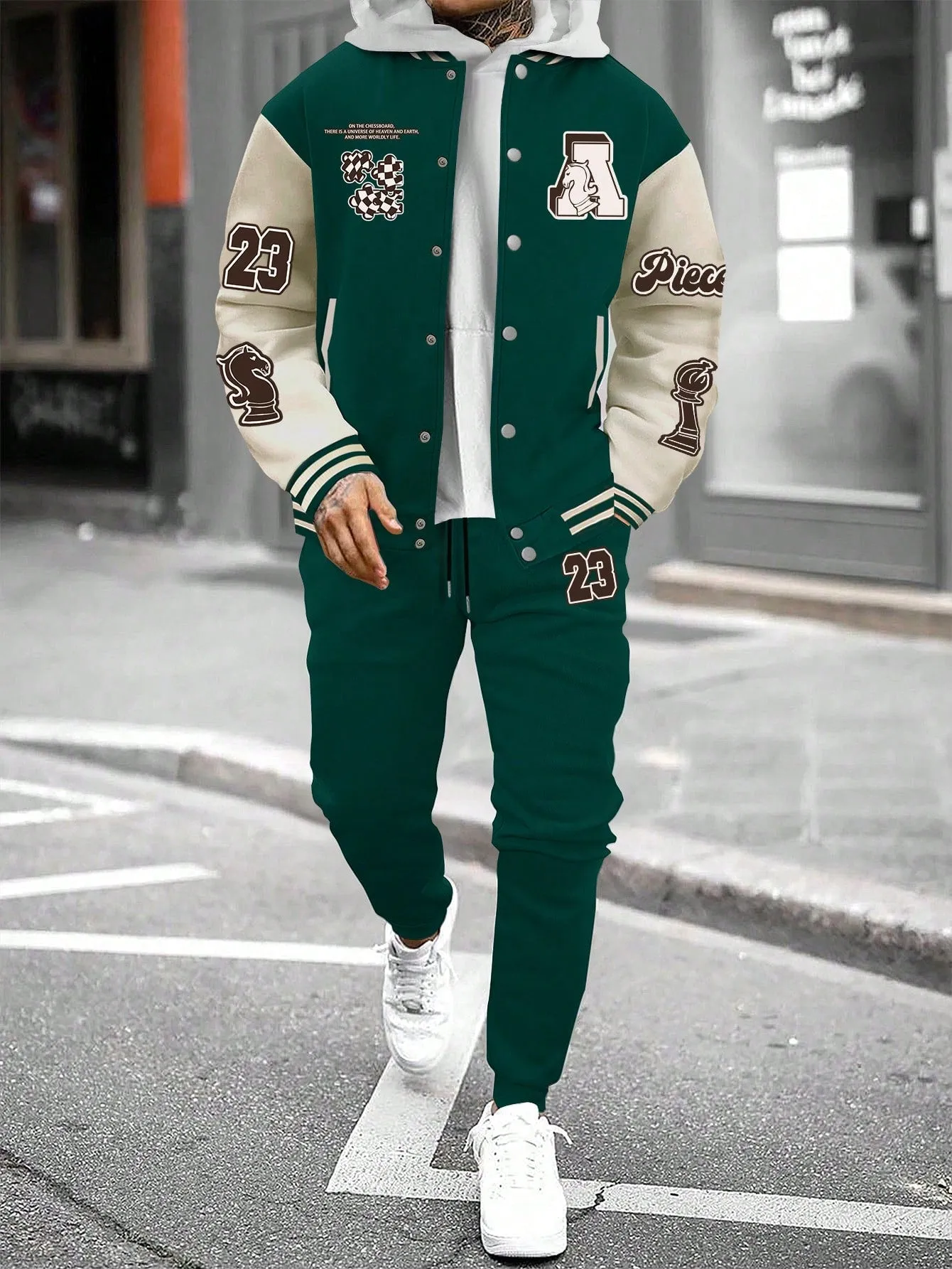 Manfinity Men's Colorblock Letter Pattern Jacket And Joggers Two-piece Set