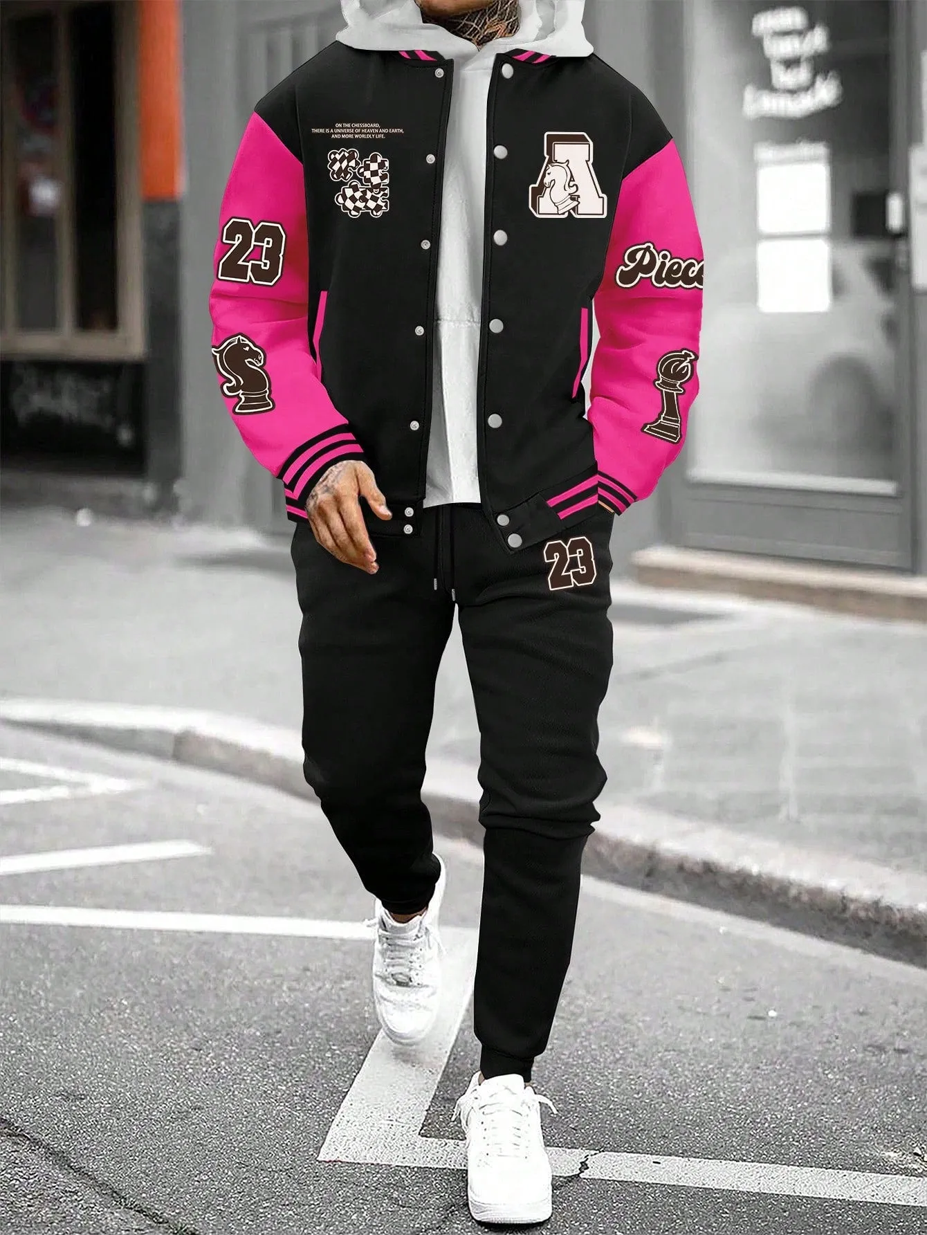 Manfinity Men's Colorblock Letter Pattern Jacket And Joggers Two-piece Set