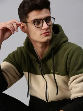 Men Hooded Colourblocked Green Sweatshirt