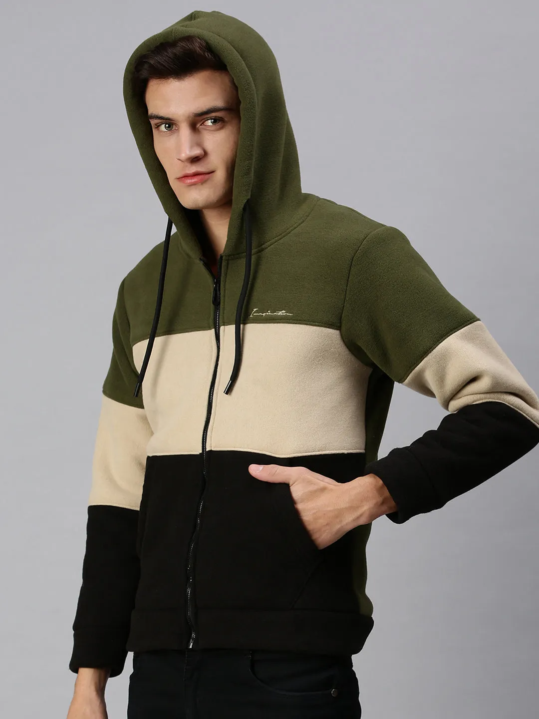 Men Hooded Colourblocked Green Sweatshirt