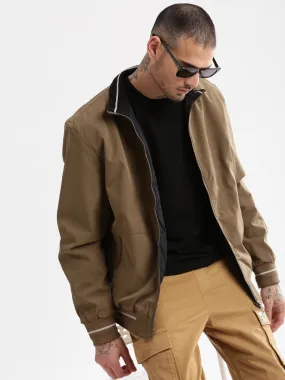 Men Mock Collar Khaki Solid Reversible Bomber Oversized Jacket