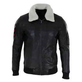 Mens Black Real Leather Pilot Jacket Bomber Air Force Aviator White Fur Collar