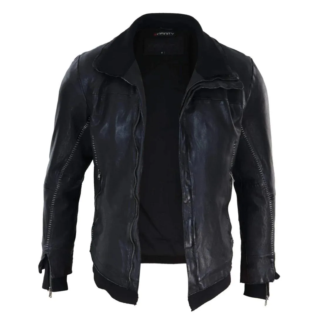 Mens Black Vintage Bomber Jacket Real Leather Distressed Slim Fit Stitch Retro