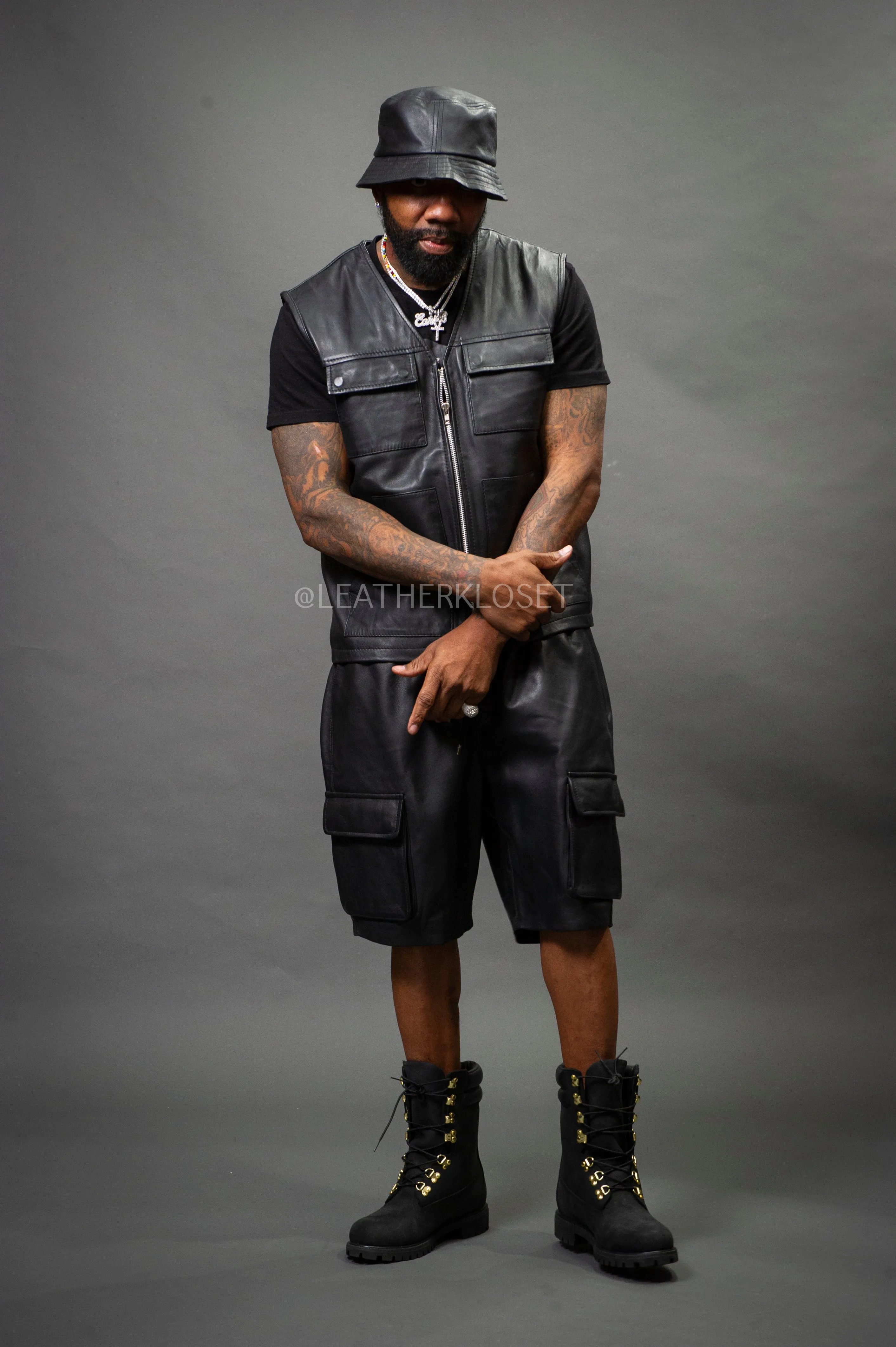 Men's Bless Set Leather Vest & Leather Cargo Shorts [Black]