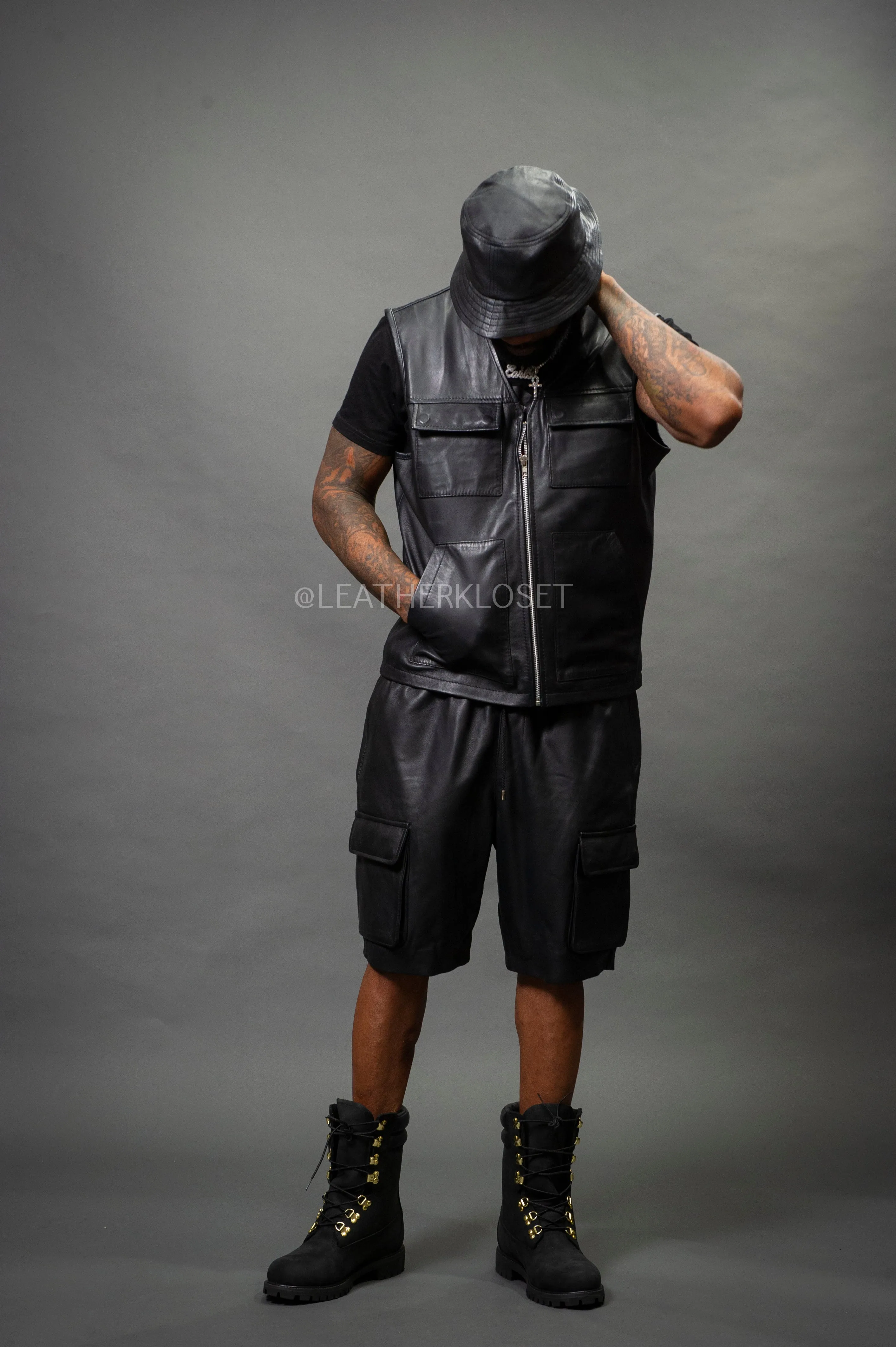 Men's Bless Set Leather Vest & Leather Cargo Shorts [Black]