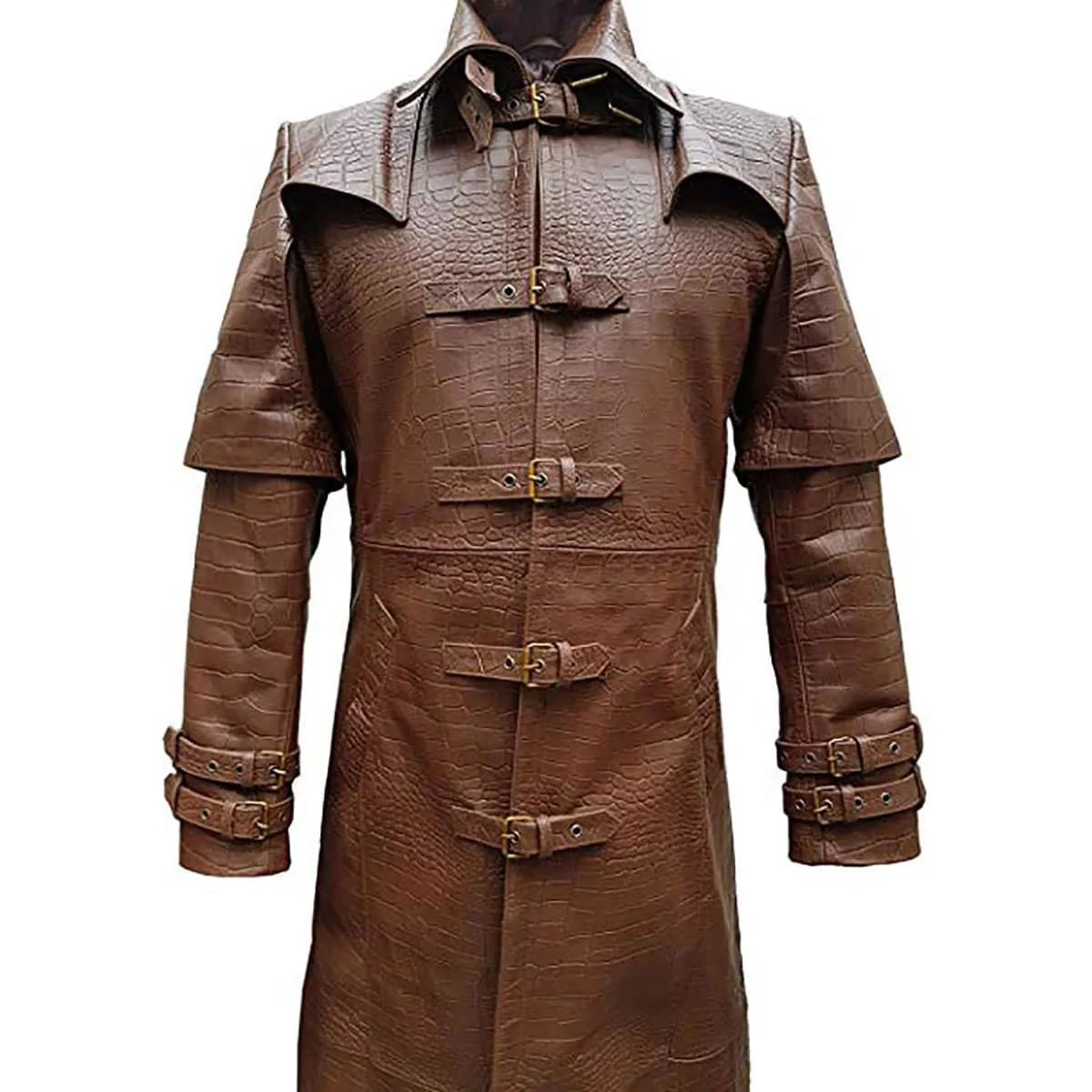 Mens Brown Leather Crocodile Print Goth Matrix Steampunk Gothic Trench Coat T5-CROC