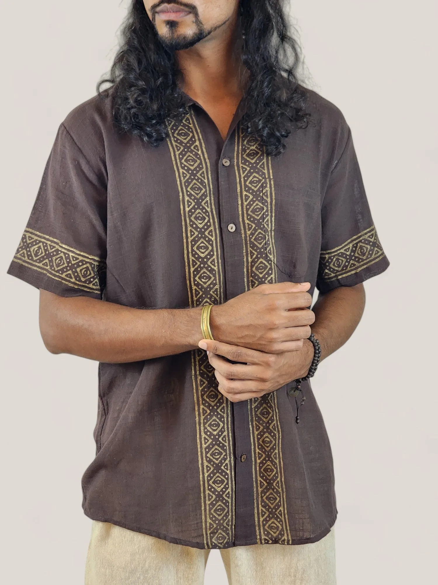 Men's Brown Organic Linen Short Sleeve Block-Printed Button-Down Shirt